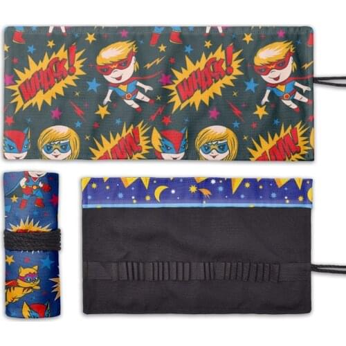 Cute Cartoon Girls Printed Pen Curtain Funny Harajuku Draw Roll Canvas Pencil Case 12/24/36/48/72 Holes Student Unisex Pen Bag