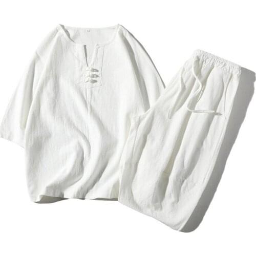 Traditional Chinese Style Clothing Loose Linen Breathable Sleeve Tang Suit Hanfu Men Top+Pant Set Oriental Costume