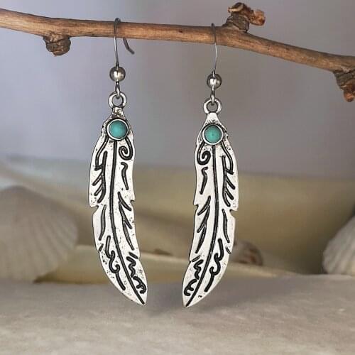 Vintage Boho Silver Carved Turquoise Feather Earrings Wedding Aniiversary Women Jewelry