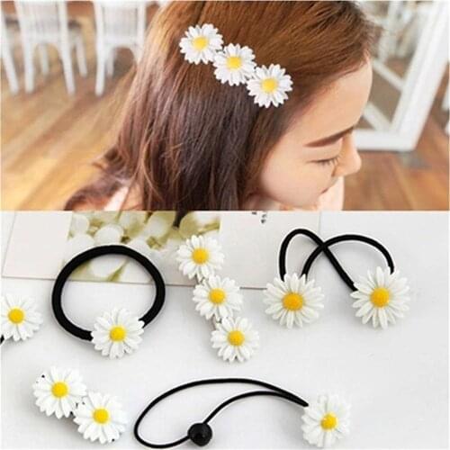 2PCS Mini Daisy Flower Hair Clip Bobby HairPins Elastic Hair Ring Rope Bands Barrettes Headwear Accessories Hair Styling Tools