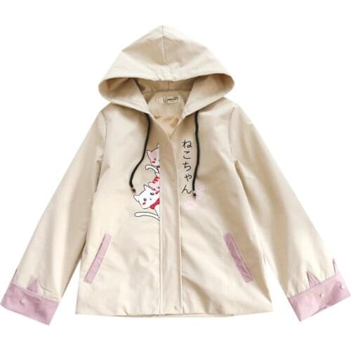 Women Hooded Jackets Cartoon Cat Print Korean Style Jacket 2020 Autumn Winter Long Sleeve Pocket Loose Causal Ladies Outwears