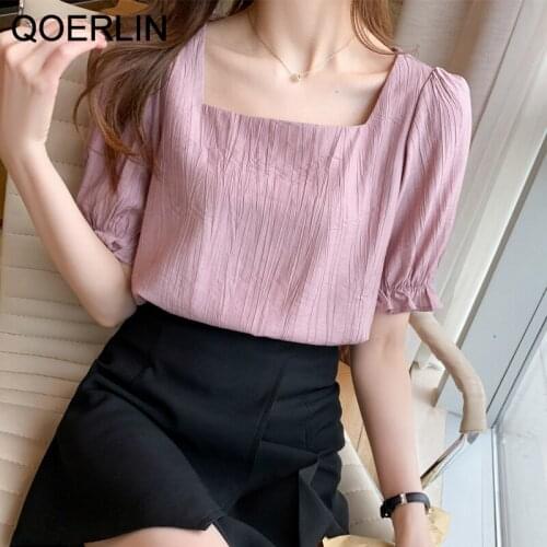 QOERLIN Top Woman Pink Shirt Women Puff Sleeve Summer 2021 Office Blouse Female Square Collar Chic White Shirt Chiffon Top S-2XL