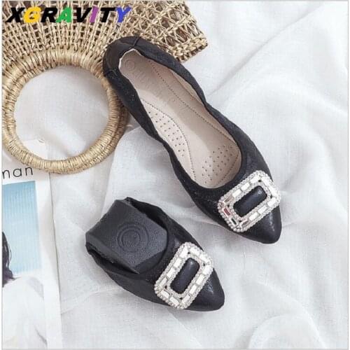 2021 Big Size Crystal Flats Ballet Flat Shoes Rhinestone Women Spring Square Lock Design Pointed Toe Silver Foldable Shoes C364