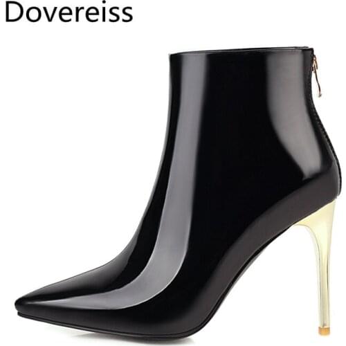 Dovereiss Fashion Womens Shoes Winter white Pointed Toe sexy new Zipper yellow Stilettos heels Short boots Elegant Mature 34-48