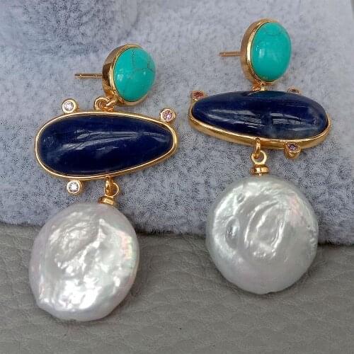 YYGEM Geometric Natural Sodalite Cultured White Coin Pearl Turquoise With Electroplated Edge Stud Earrings For Women