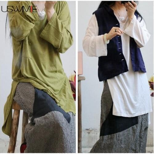 4 Colors 2020 Plus Size Women Shirts Literature V-neck Pockets Solid Color Blouse Short Before Long Length Joker Tops USWMIE