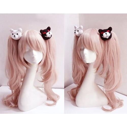 Dangan Ronpa Danganronpa Enoshima Junko Cosplay Wig Pink Long Wavy With Ponytail Clip Heat Resistant Cosplay Wig + Bear Hairpins