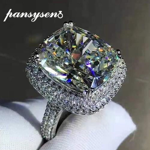 PANSYSEN 100% 925 Sterling Silver Radiant Cut 3EX 10ct D Color High Carbon Diamond Gemstone Wedding Engagement Ring Fine Jewelry