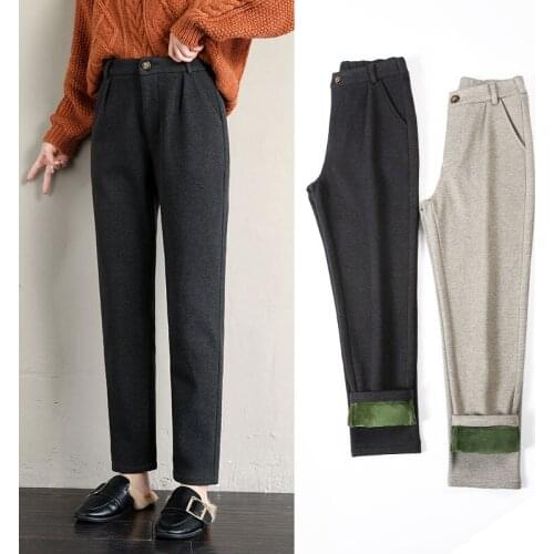 Winter Woolen Women Pants Thick Warm Vintage Fleece Loose Casual Trousers High Waist Harem Pants For Women Velvet Pants