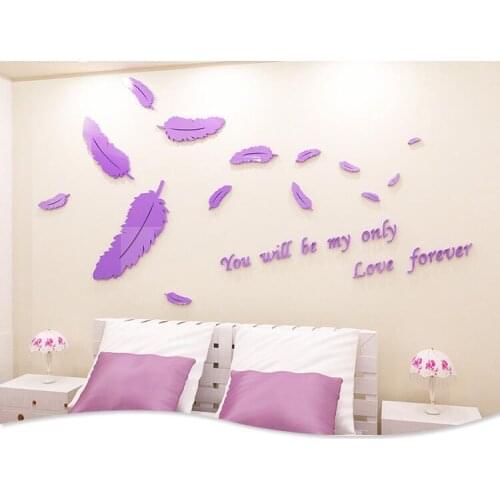 3d wall sticker acrylic mirror wall stickers Love feather wall art living room decorated bedroom Creative wall stickers