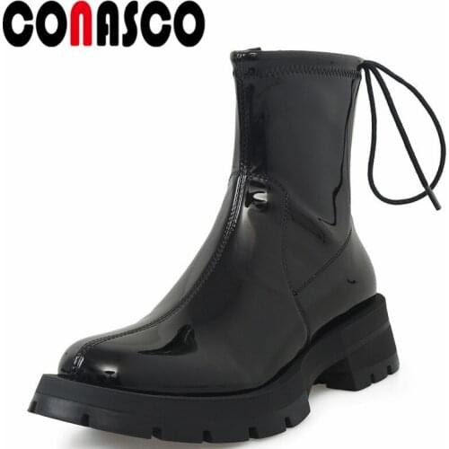 CONASCO Punk Women Ankle Boots Autumn Winter Warm Cow Leather Party Basic Prom Office Brand Design High Quality Shoes Woman