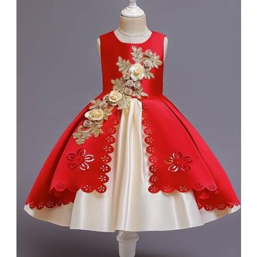 Summer Trailing Flower Princess Dress Girls Satin Elegant Children Evening Party Wedding Dresses Birthday Prom Baby Clothes Girl