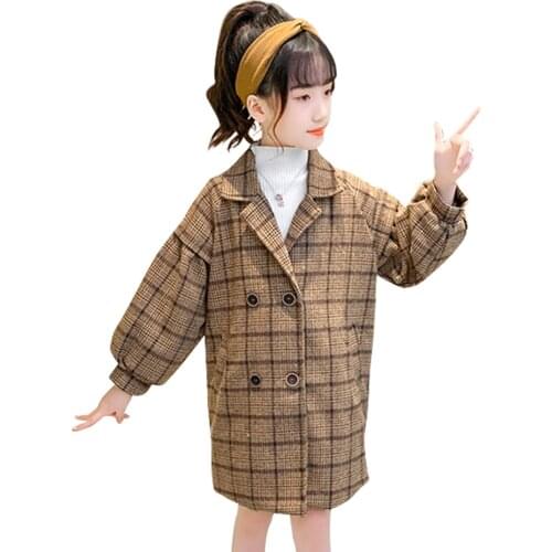 Girls Long Jacket Plaid Pattern Girl Coat Puff Sleeve Childrens Coat Autumn Winter Childrens Clothes