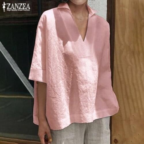 ZANZEA Elegant Womens Summer V neck Blouse 2021Tops 3/4 Sleeve Shirts Female Solid Blusas Kaftan Tunic Casual Tee Plus Size