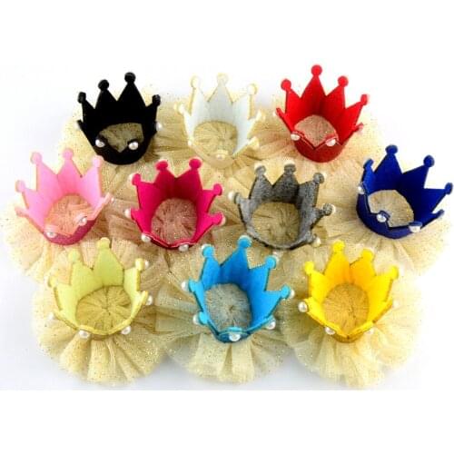 10 Color U Pick ,30pcs/lot 3.3" Gold Glitter Felt Crown with Tulle And Pearls DIY Birthday Photo Prop Unfinished Supply