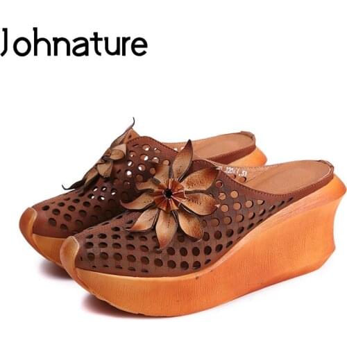 Johnature Genuine Leather Floral High Heels Summer Outside Platform Slippers Wedges National Style Slides Women Shoes Sandals