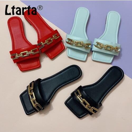 LTARTA 2021 Summer Fashion Chain Sandals And Slippers Casual Flat Slipper Gold Clain Womens Shoes Color Plus Size Sandals CGB