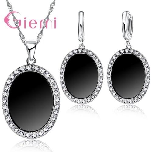 Super Shiny Cubic Zirconia Real 925 Sterling Silver Oval Pendant Necklace Earrings For Women Ladies Crystal Jewelry Sets