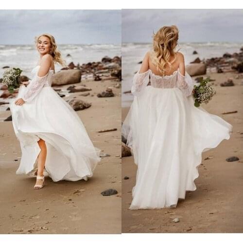 Boho Bride Dress Bohemian Beach Wedding Dress Low Back Floor Length Chiffon Long Puff Sleeve Bridal Gowns For Women Sweetheart