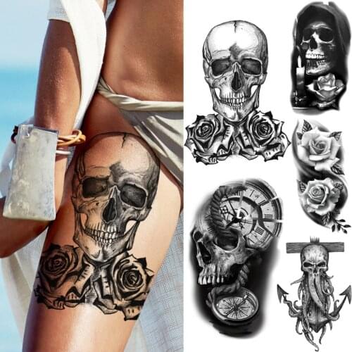 3D Realistic Large Skull Rose Flower Temporary Tattoos For Women Adult Skeleton Halloween Sexy Thigh Arm Tatoos Sticker Scary