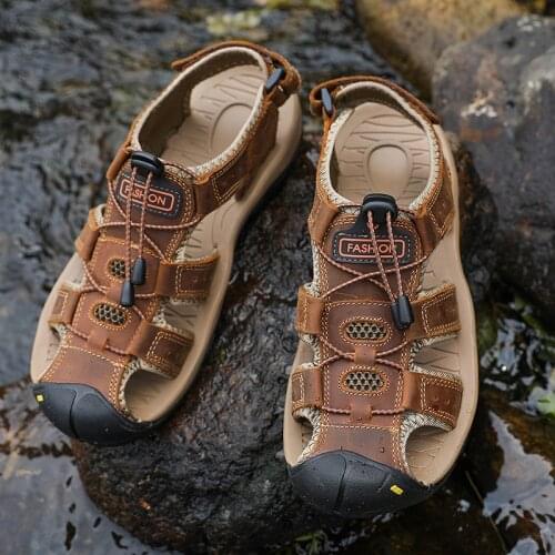 Outdoor Mens Sandals Leather Summer Beach Sandals Male 2021 Roman Trekking Flip Flops Non Slip Flat Hiking Sandalias Big size