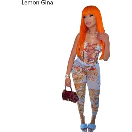 Lemon Gina Summer 2021 Two 2 Piece Outfits Lace Up Crop Tops and Legging Pants Fashion Sweatsuit Matching Set Active Tracksuit