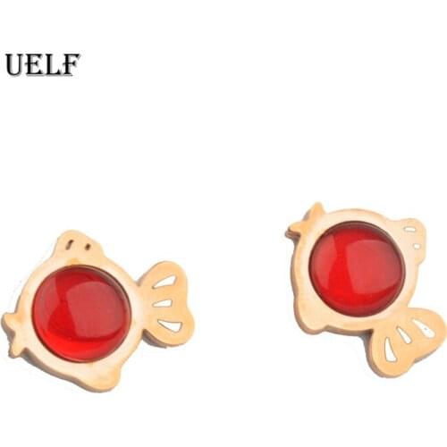 Uelf Fashion Korean Red Stone Stud Earrings Fish Earrings Choker Women Gifts Stainless Steel Jewelry