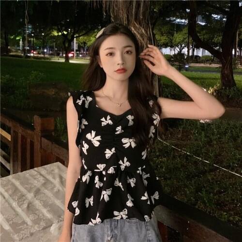 French Retro Black Bow Print Cropped Blouse Women Summer New Loose Thin Camisole
