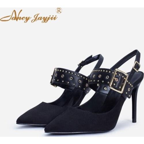 Nancy Kayjii Spring Black Classic Pointed Buckle Heel Stiletto Dress Work Shoes Banquet Fashion Sexy Plus Size 2019
