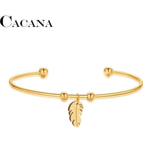 CACANA 316L Stainless Steel Open Bracelet Gold Color Chic Feathers Simple Trendy Jewelry For Women Bracelets Wedding Party Gifts