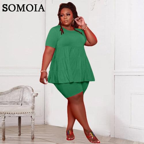 Two Piece Plus Size Womens Clothing Personality Pleated Sexy Round Neck Short Sleeved Solid Color Casual Sports Style Suit