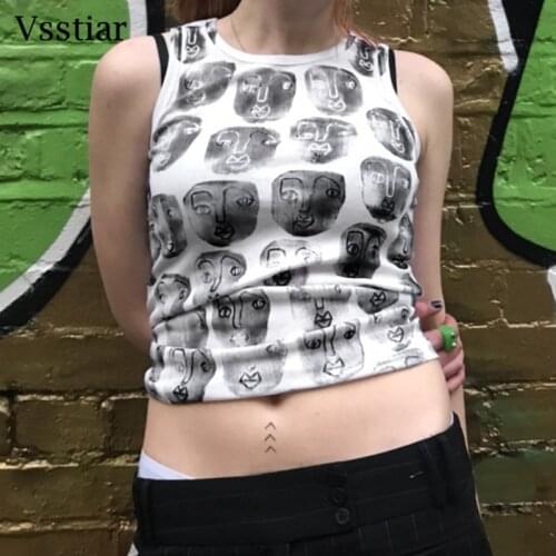 Vsstiar Abstract Sleeveless Y2K Tops Portrait Round Neck Fashion Women Clothing 2021 Casual Off Shoulder Sexy Tank Top Summer