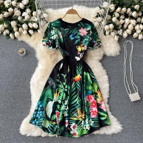Europe Style 2021 Summer Elegant Womens Retro Short Sleeve O Neck Floral Print A Line Dress Female Party Dresses