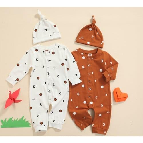 Lioraitiin 0-18M Newborn Infant Baby Boy Girl 2Pcs Romper Long Sleeve O-neck omper Hat,Moon Print Loose Version Spring Clothing