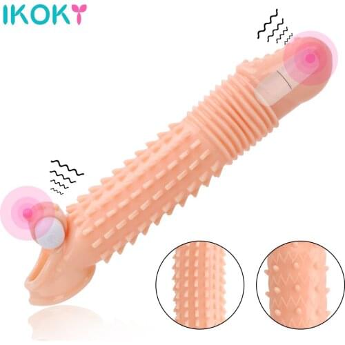 IKOKY Vibrator Cock Sleeve Strapon Penis Enlargement Extender Condoms Sex Toys For Men Man Mastuabator Couples Tools Erotic Shop