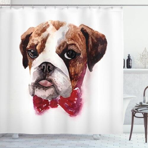 English Bulldog Bow Shower Curtain Set Watercolor Look Puppy Curtain for Bathroom Decor 12 Hooks Decorative Bath Accessory