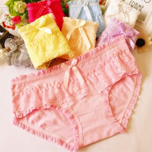 Free Shipping New Arrival Womens Cotton Panties Candy Lace Bow Cotton Panty Female Briefs Girl Underwear 5183