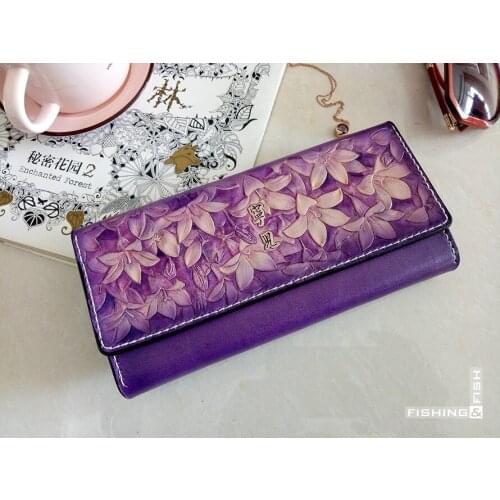 Free shipping Plant tanned leather personality tailored stereo flower long purple purse Pure manual long purse Original design