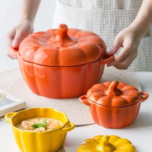 Halloween Pumpkin Bowl Ceramic Creative Cute Pumpkin Shape Baking Bowl With Lid Thanksgiving Festival Salad Bowl Food Container