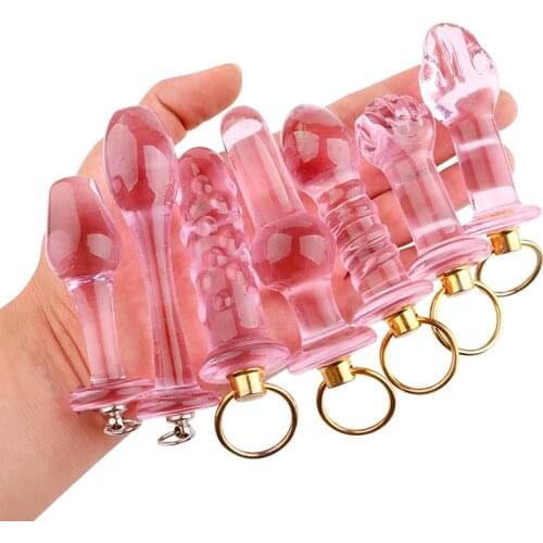 7pcs/set pink crystal glass toys Pull ring glass dildo anal butt plug G-spot expander masturbation stimulation adult sex toys