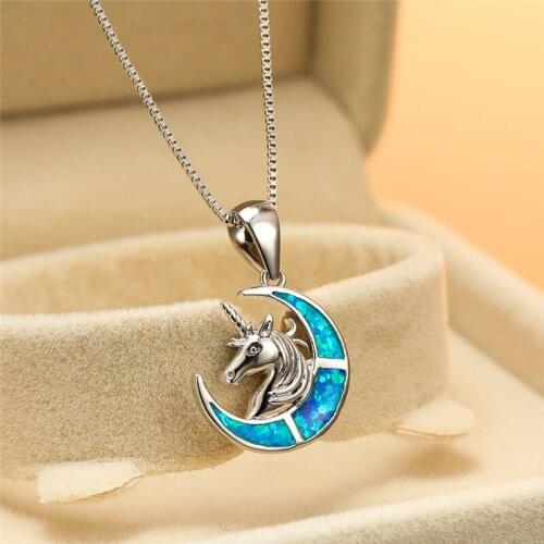 Creative Unicorn Wedding Necklace Cute Female Blue White Opal Pendant Necklace Charm Silver Color Moon Chain Necklaces For Women