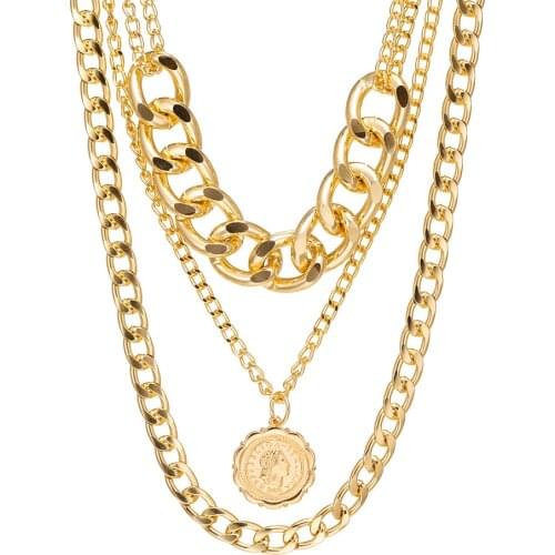 Multilayer Pearl Necklace Punk Adjustable Love Cross Disc Pendant Clavicle Chain Coin Avatar Necklace for Women Girls