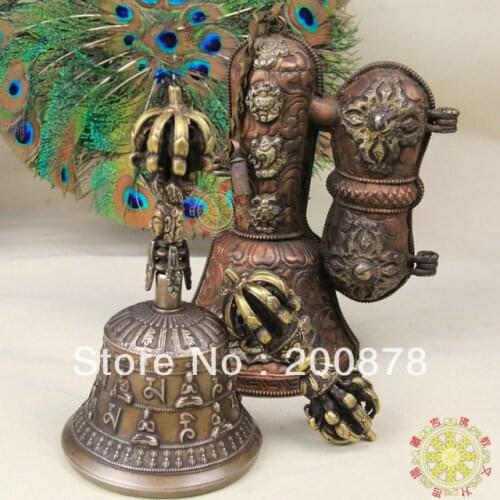 TBC960 Tibetan Brass Antiqued Golden Big Vajra Bell and Dorje set ,Buddhist Things,free shipping
