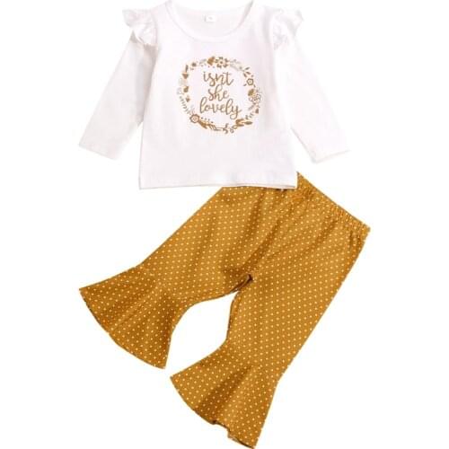 Autumn Spring Girl’s T-shirt and Trousers Suit Fashion Letter Long Sleeve Tops and Dot Trumpet Long Pants Clothes Set