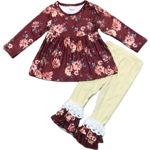 Girlymax Fall/Winter Baby Girls Ruffles Wine Burgundy Floral Floral Boutique Outfits Pants Set Kids Clothing