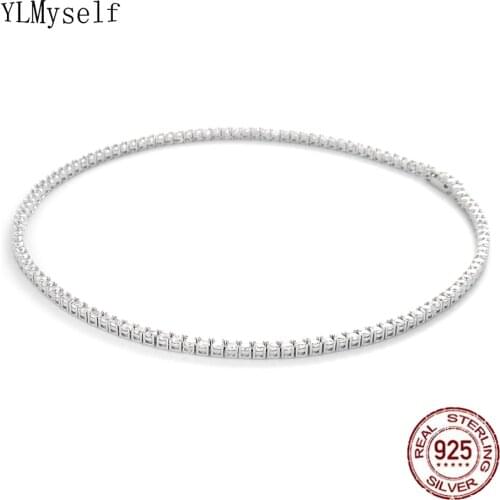 100% Guarante Real 925 Sterling Silver 2mm Zircon 41CM(16") Tennis Chain Necklace Women Engagement Wedding Choker Fine Jewelry