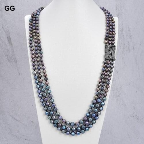 GuaiGuai Jewelry 29'' 3 Rows 10mm Black Pearl CZ Pave Connetor Necklace For Women