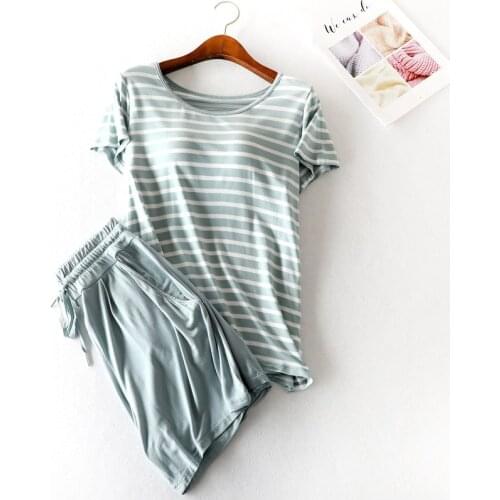 Summer Womens Cotton Pajamas two-piece Set with Chest Pad Loose and Comfortable Home Service Suit 2021 New