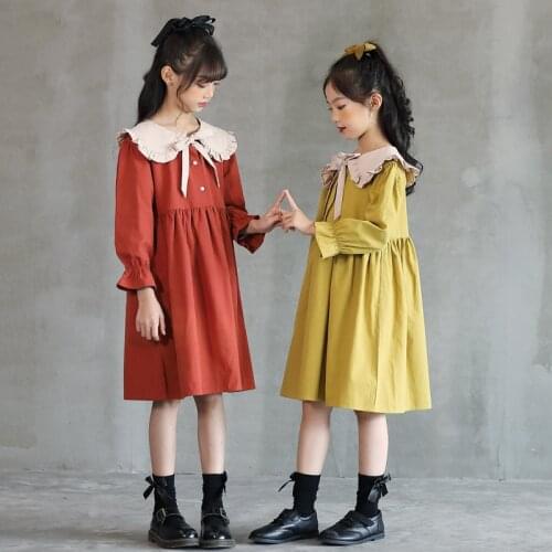 6Y to 16Y Girls Dress 2020 Fall New Mori Retro Ruffles Collar Baby Christmas Dress Kids Cotton Clothes Toddler Clothes Bow,#5633
