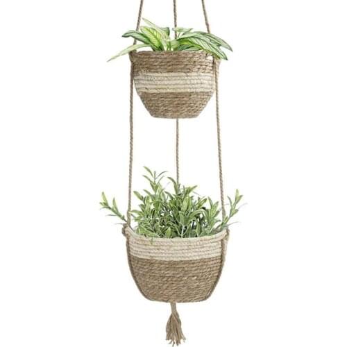 Handmade Woven Straw Plant Hanger Flower Pot Hanger Holder Basket Indoor Outdoor Balcony Garden Decoration Hanging Flower Basket
